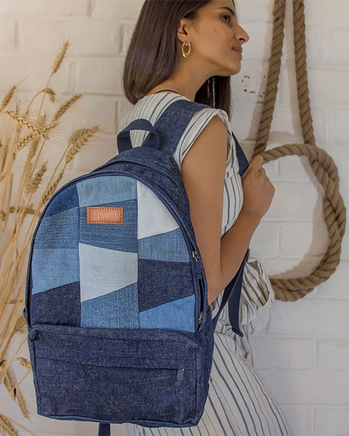 Upcycled Patched Denim & Felt Jeans Travel Backpack