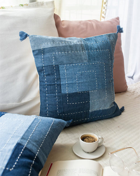 Hand embroidered Upcycled Jeans Cushion covers (set of 2)- Boxed