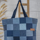 Upcycled Denim Jeans Blue Chequered Tote Bag Dark