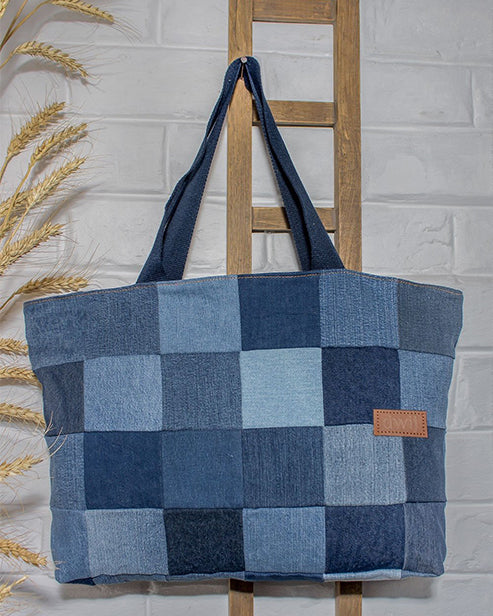 Upcycled Denim Jeans Blue Chequered Tote Bag Dark