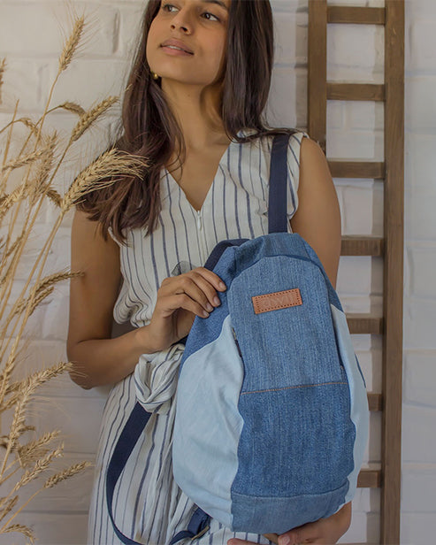 Upcycled Handcrafted Denim Jeans Blue Convertible Tote Bag