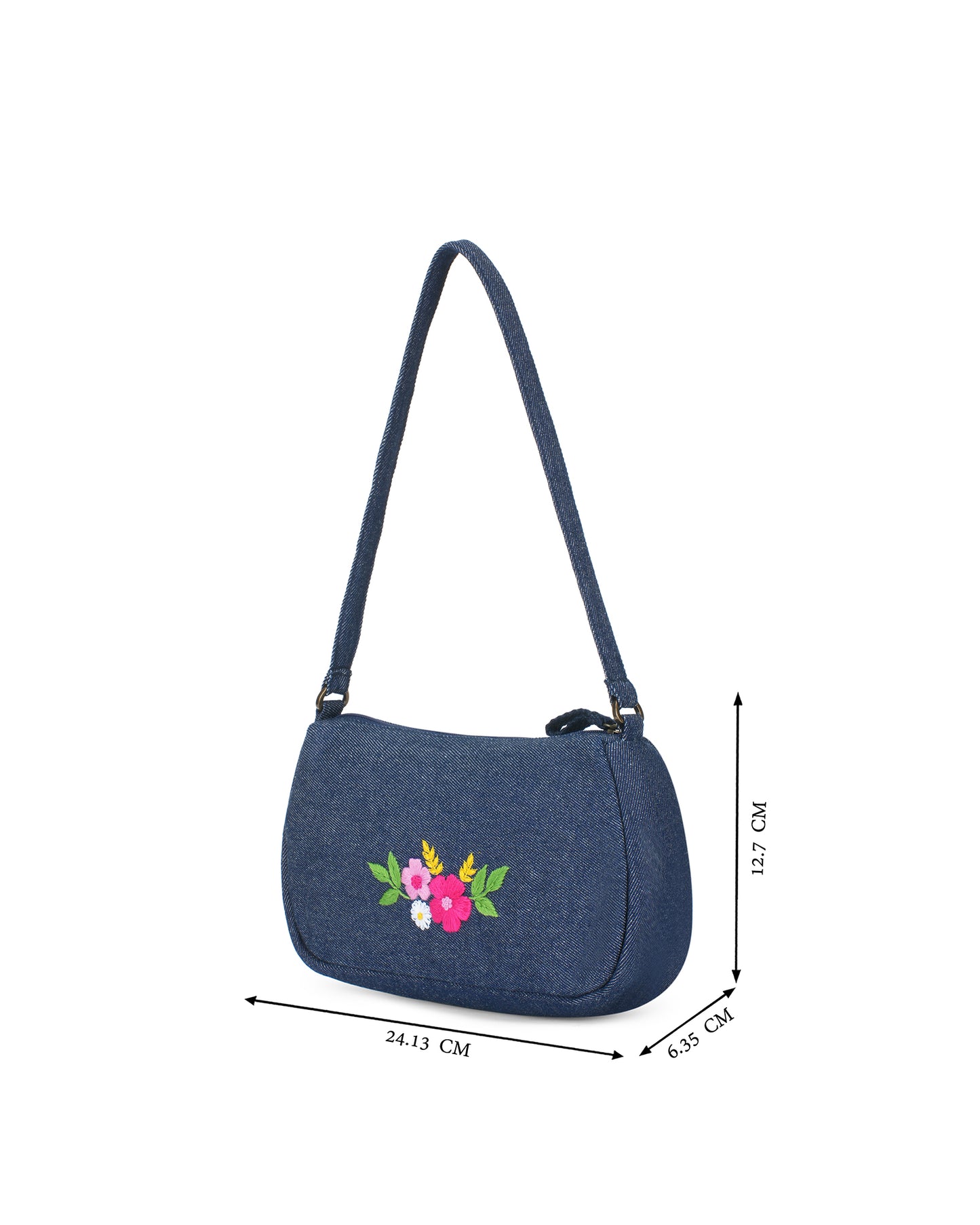 Upcycled Hand Embroidered Flower Denim Baguette Bag (Small)