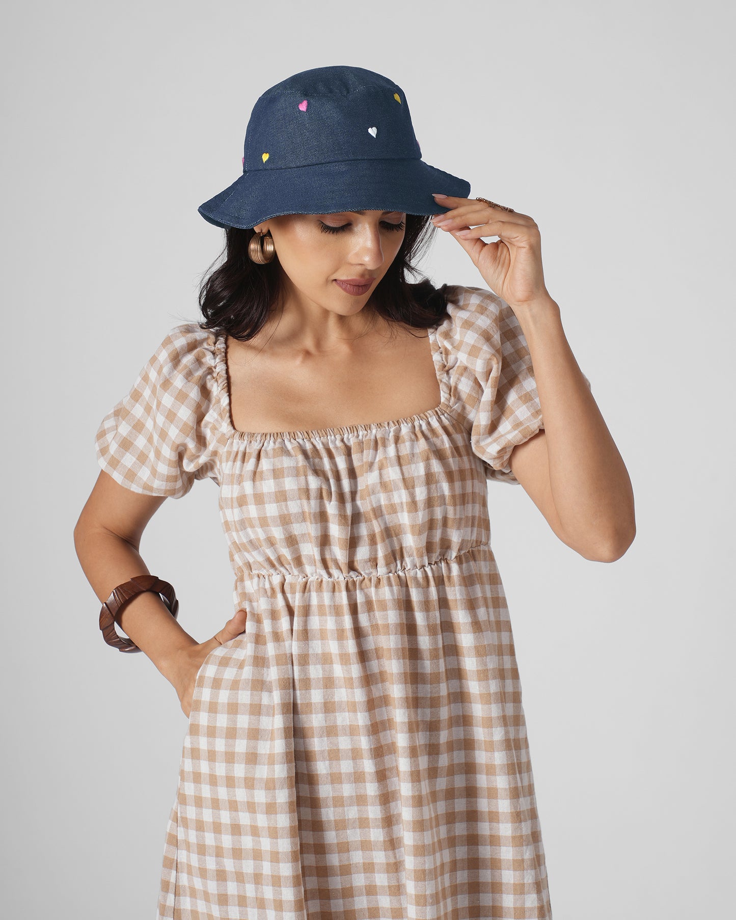 Upcycled Denim Hand Heart Embroidered Bucket Woman Hat