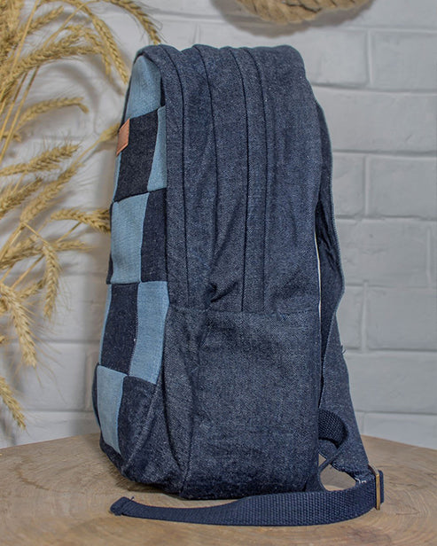 Upcycled Handcrafted Blue Classic Denim & Felt Travel Backpack