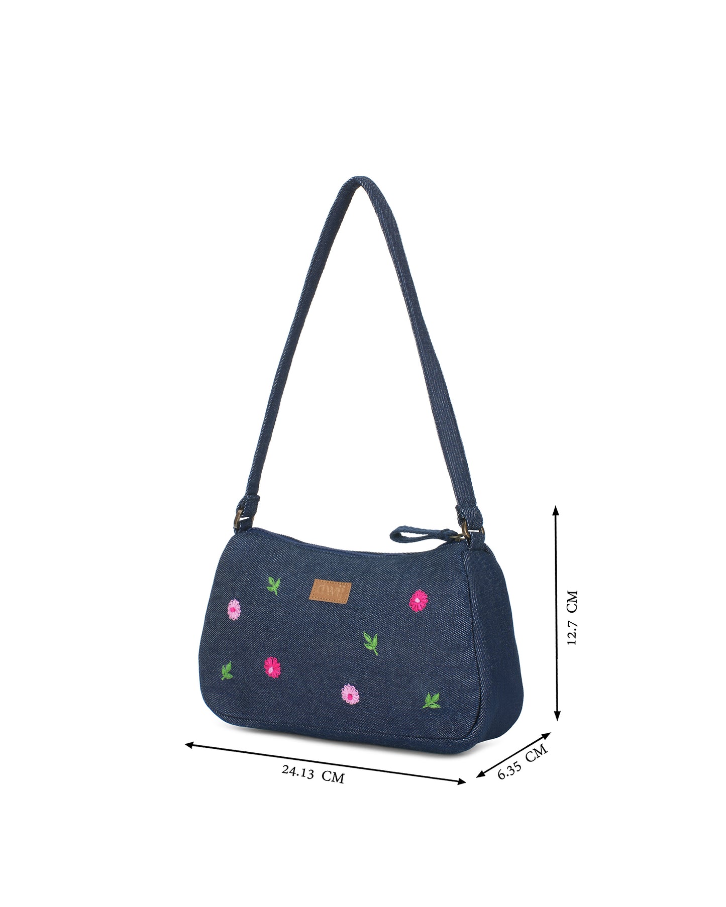 Upcycled Hand Embroidered Daisy Denim Baguette Bag (Small)