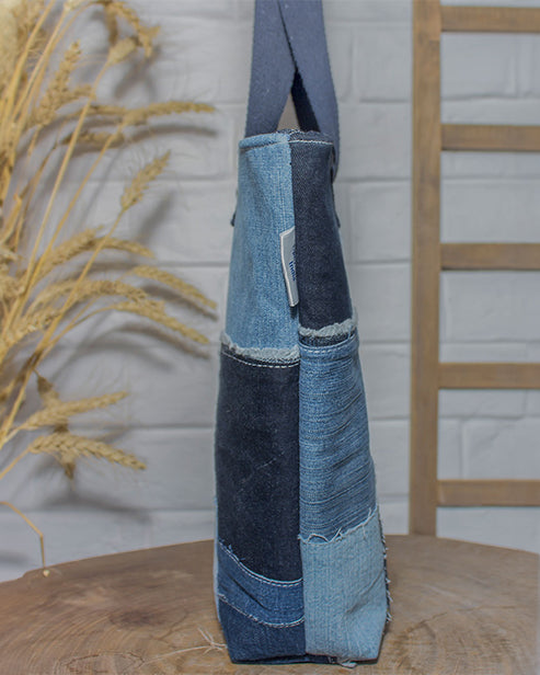 Upcycled Handcrafted Denim Jeans Blue Patched Tote Bag