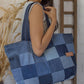 Upcycled Denim Jeans Blue Chequered Tote Bag Dark