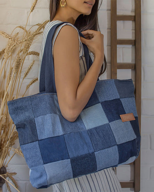 Upcycled Denim Jeans Blue Chequered Tote Bag Dark