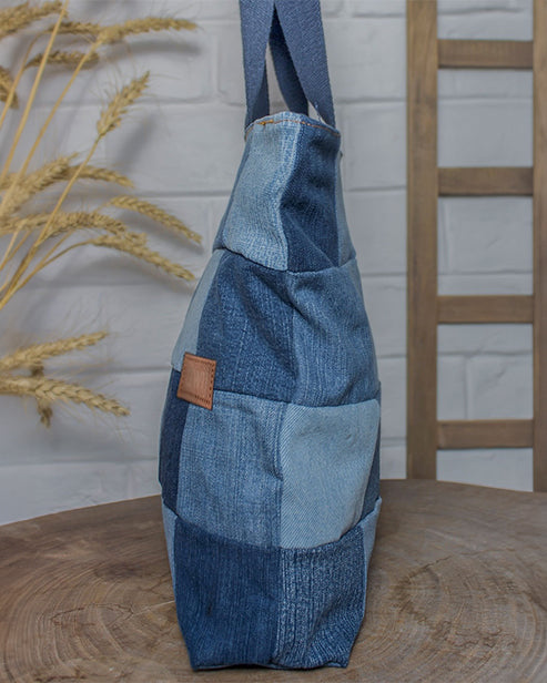 Upcycled Denim Jeans Blue Chequered Tote Bag Dark