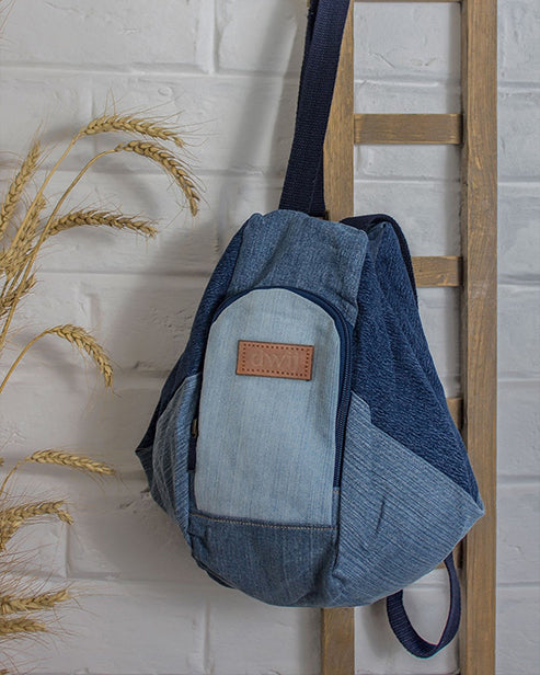 Upcycled Handcrafted Denim Jeans Blue Convertible Tote Bag