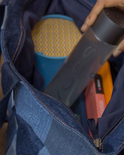 Upcycled Denim Jeans Blue Chequered Tote Bag Dark