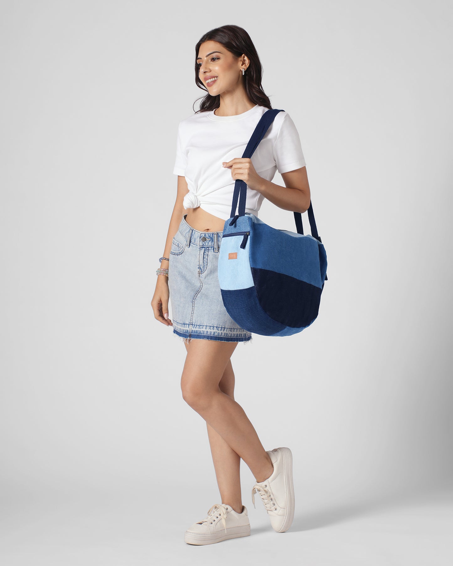 Upcycled Handcrafted Denim Jeans Blue Convertible Tote Bag (Large)