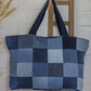 Upcycled Denim Jeans Blue Chequered Tote Bag Dark