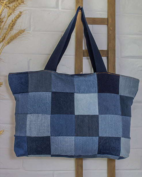 Upcycled Denim Jeans Blue Chequered Tote Bag Dark