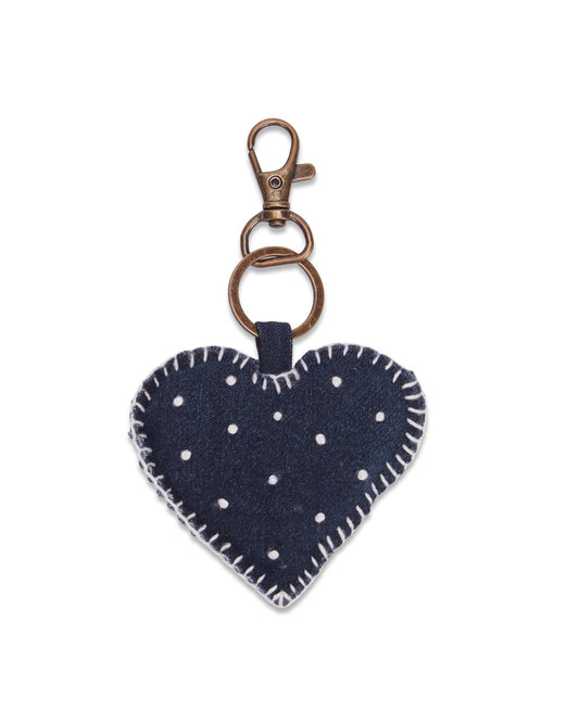 Upcycled Hand Embroidered Jeans Heart Keychain Charm