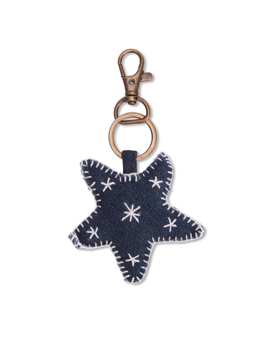 Upcycled Hand Embroidered Jeans Star Keychain Charm