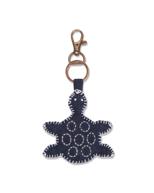 Upcycled Hand Embroidered Jeans Turtle Keychain Charm