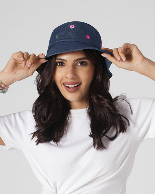 Upcycled Denim Hand Daisy Embroidered Bucket Woman Hat