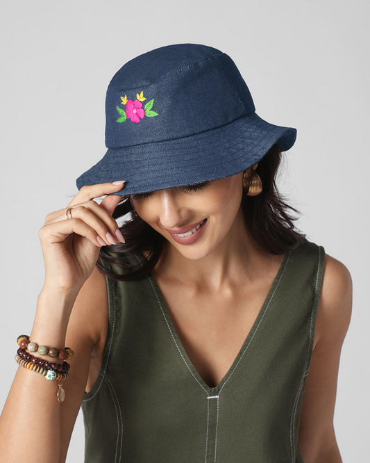 Upcycled Denim Hand Flower Embroidered Bucket Woman Hat