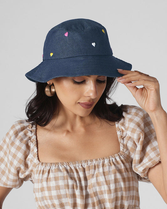 Upcycled Denim Hand Heart Embroidered Bucket Woman Hat