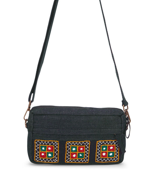 Upcycled Hand Embroidered Black Ahir 2-in-1 Wallet Sling Bag