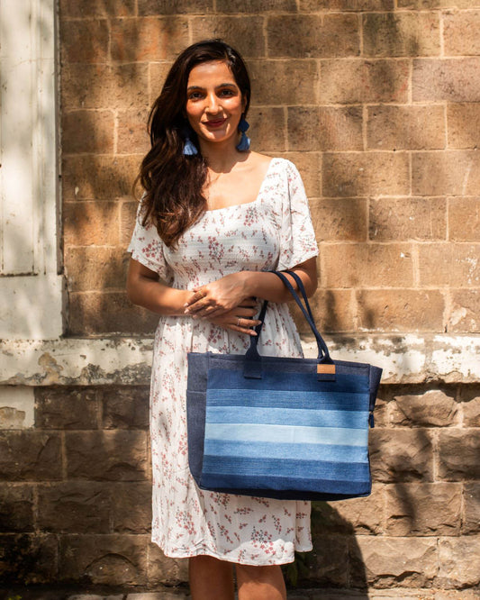 Repurposed Denim Jeans Shaded Laptop Tote