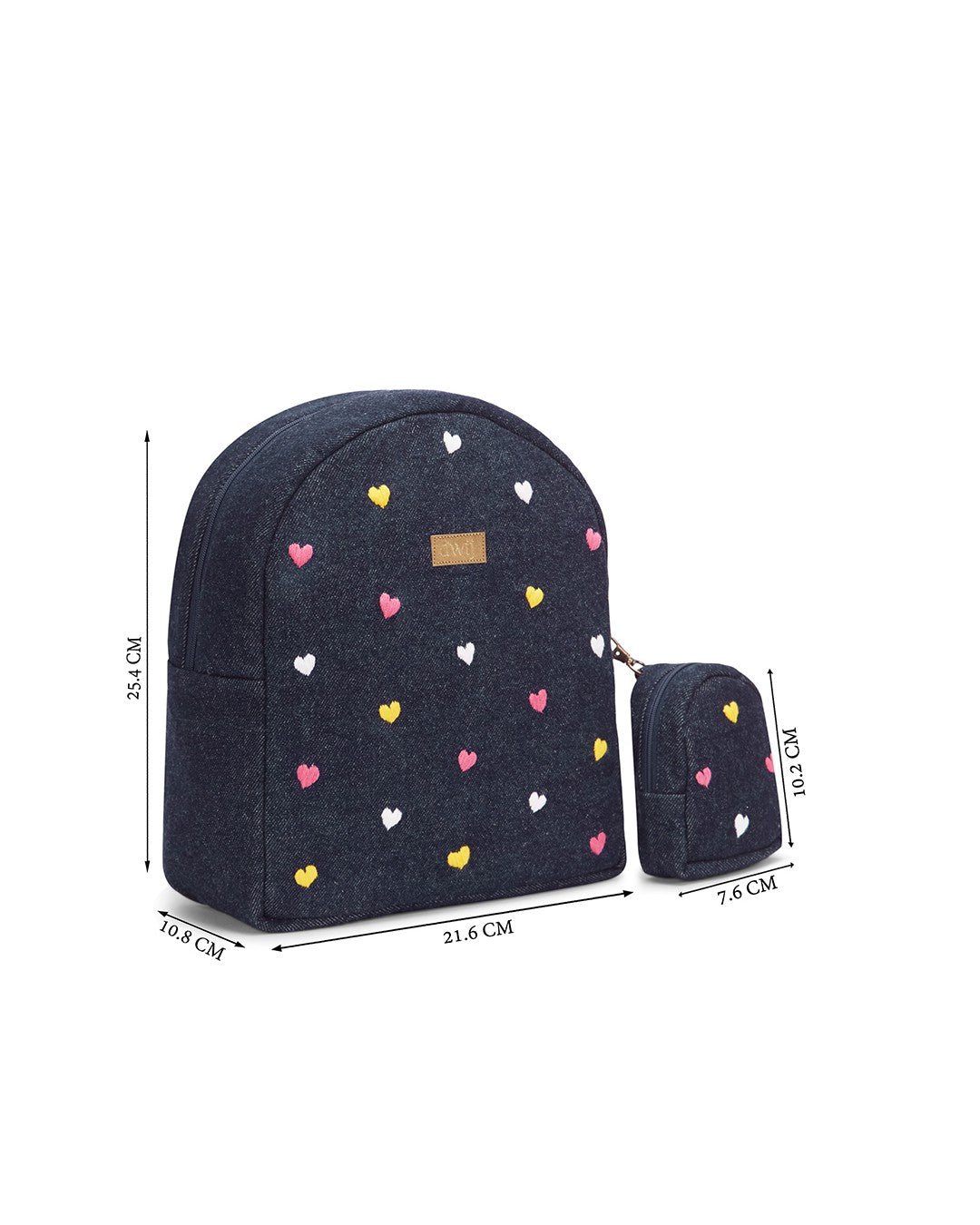 Hand Embroidered Heart Denim Mini Travel Backpack with pouch - Dwij - 