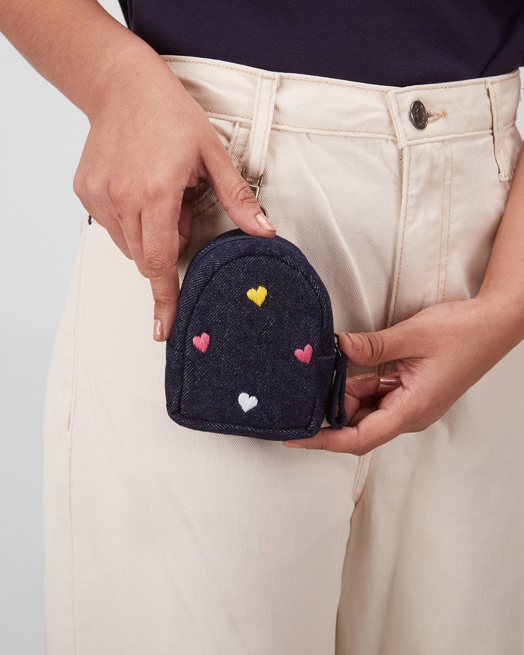 Hand Embroidered Upcycled Denim Jeans Heart Pouch - Dwij - 