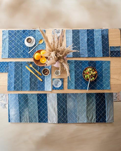 Hand embroidered Upcycled Jeans Coasters (set of 4) - Criss cross - Dwij