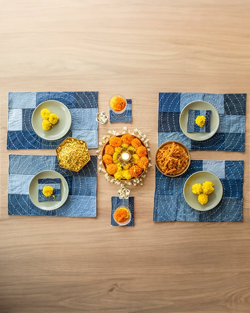 Hand embroidered Upcycled Jeans Coasters (set of 4) - Spiral - Dwij