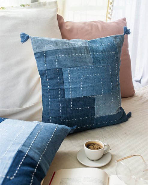 Hand embroidered Upcycled Jeans Cushion covers (set of 2) - Boxed - Dwij