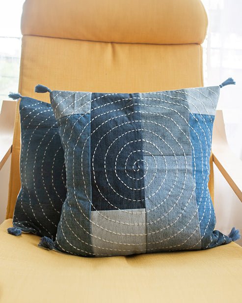 Hand embroidered Upcycled Jeans Cushion covers (set of 2) - Spiral - Dwij