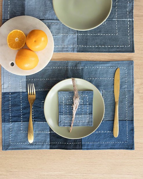 Hand embroidered Upcycled Jeans Placemats (set of 4) - Boxed - Dwij