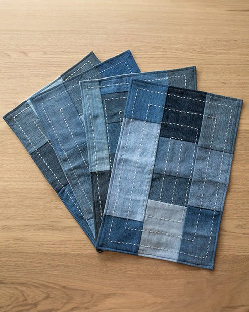 Hand embroidered Upcycled Jeans Placemats (set of 4) - Boxed - Dwij