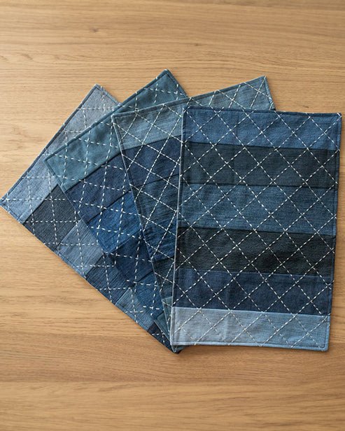 Hand embroidered Upcycled Jeans Placemats (set of 4) - Criss cross - Dwij