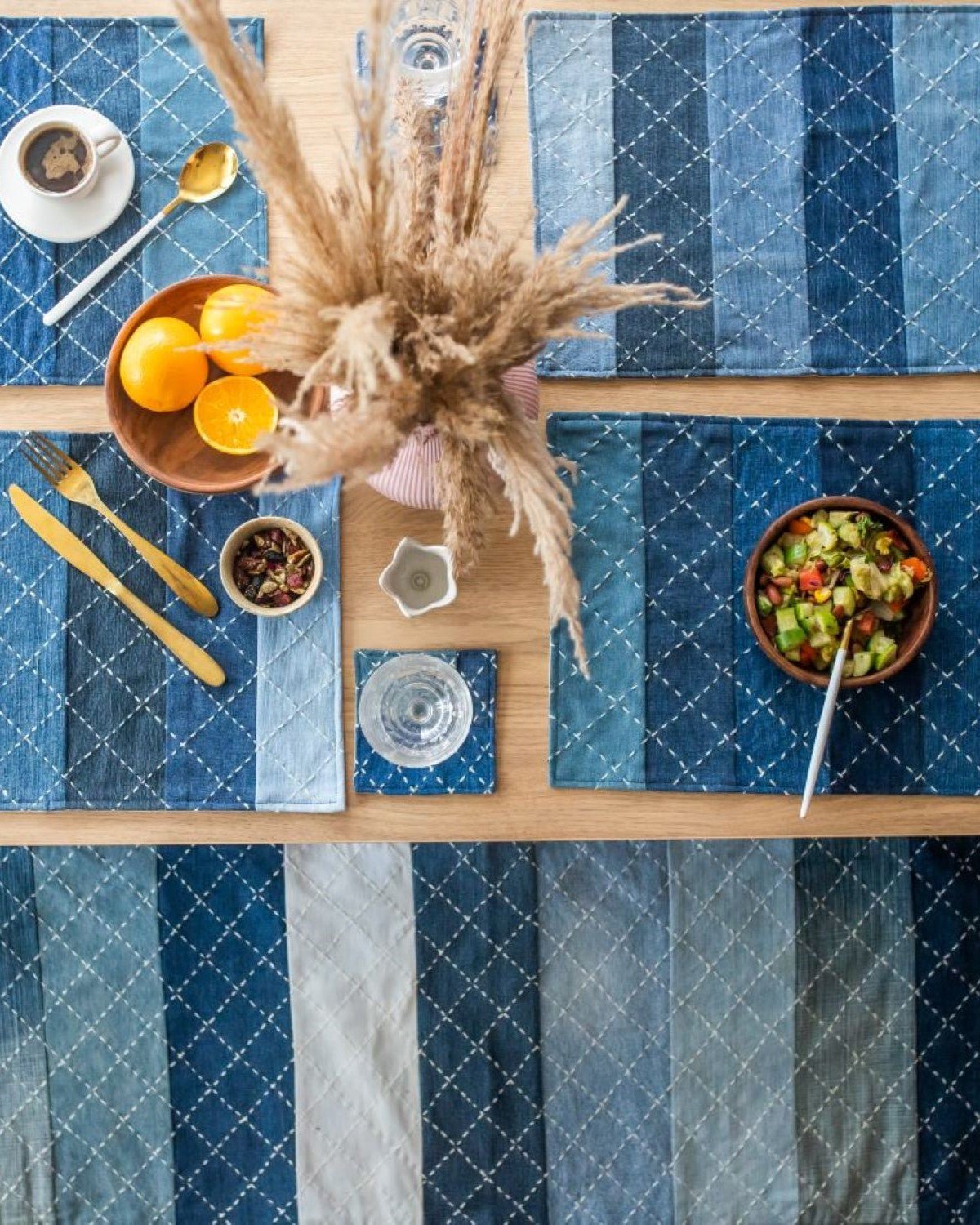 Hand embroidered Upcycled Jeans Placemats (set of 4) - Criss cross - Dwij