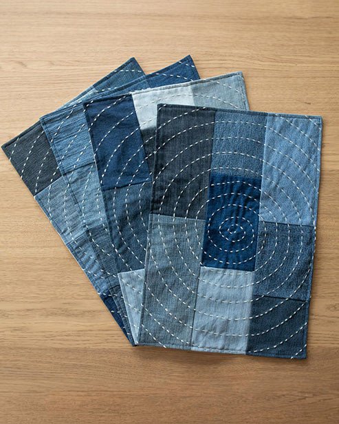 Hand embroidered Upcycled Jeans Placemats (set of 4) - Spiral - Dwij