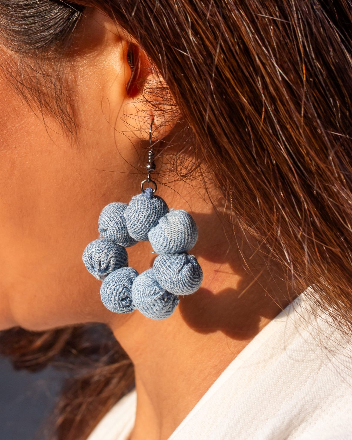 Handcrafted Upcycled Jeans Earrings Krittika (Light Blue) - Dwij