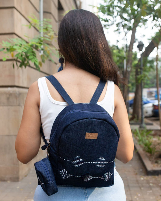 Kantha Hand Embroidered Denim Mini Travel Backpack with pouch - Dwij