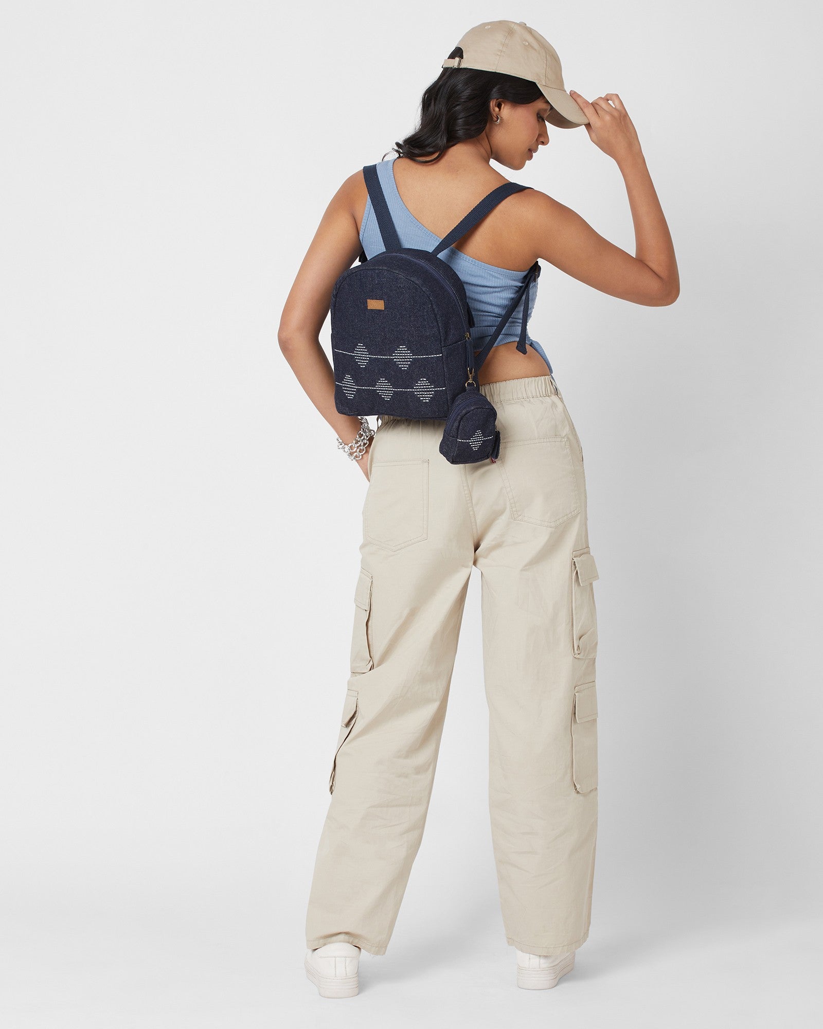 Kantha Hand Embroidered Denim Mini Travel Backpack with pouch - Dwij - 