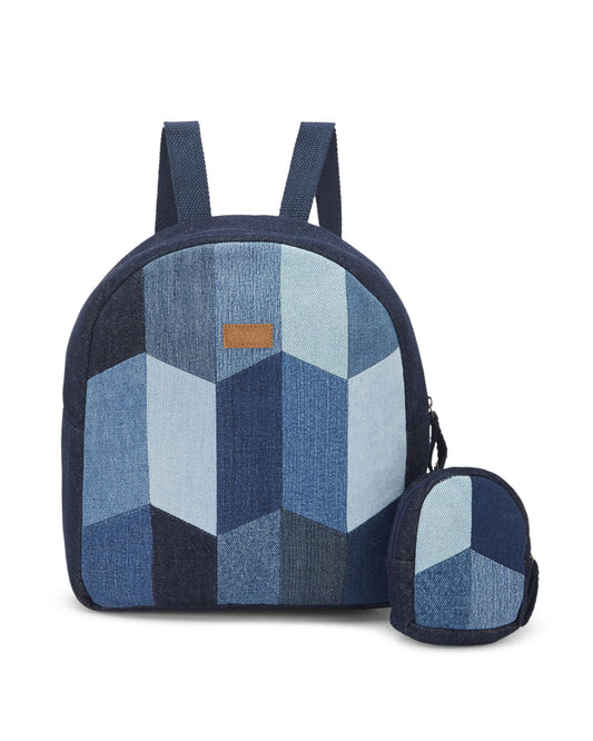 Repurposed Handcraft Denim Patched Mini Travel Backpack with pouch - Dwij - 