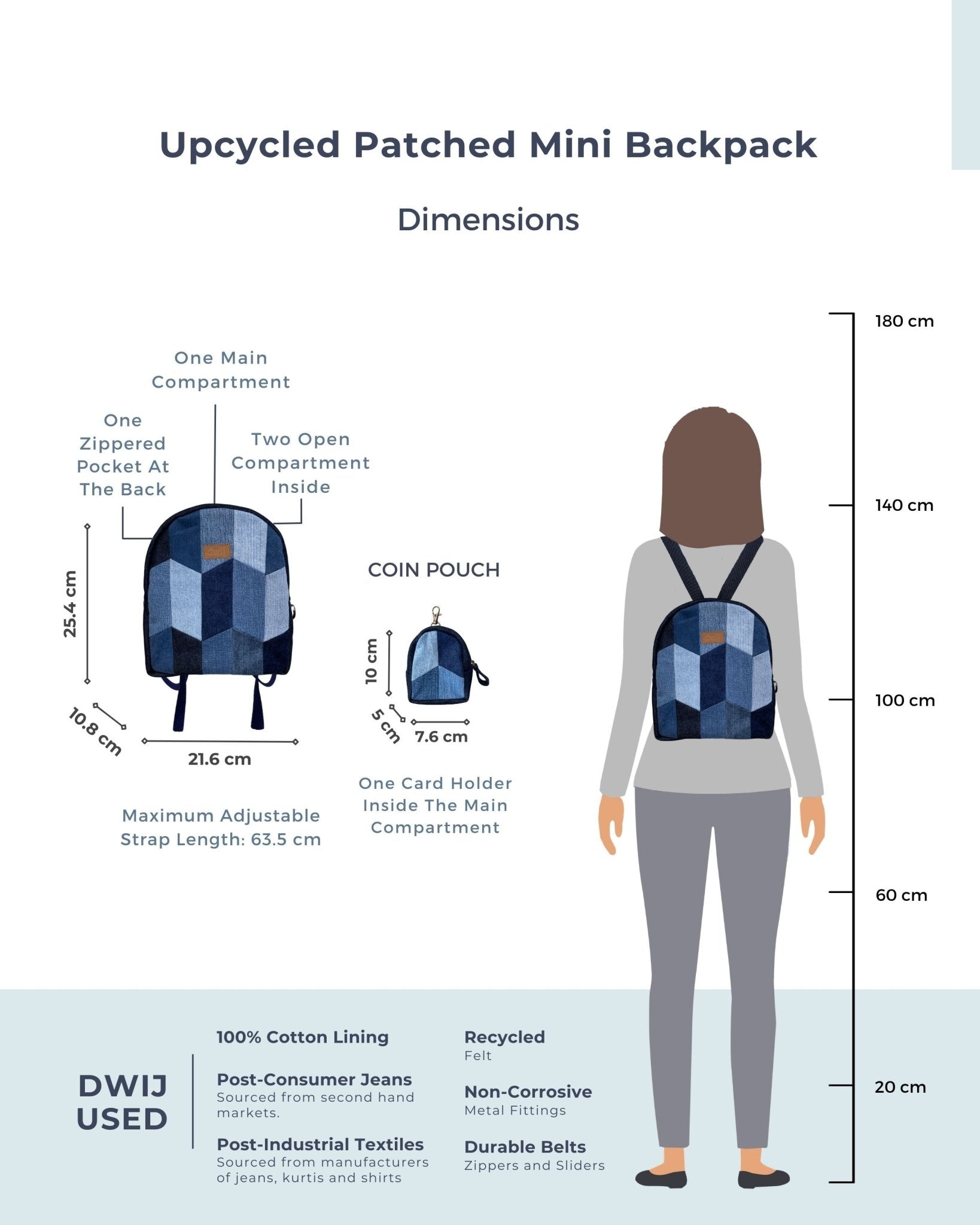 Repurposed Handcraft Denim Patched Mini Travel Backpack with pouch - Dwij