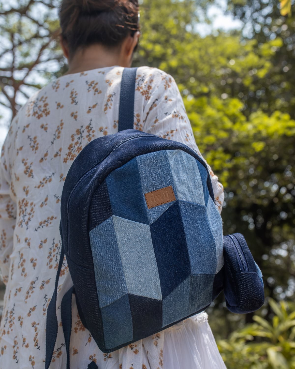 Repurposed Handcraft Denim Patched Mini Travel Backpack with pouch - Dwij