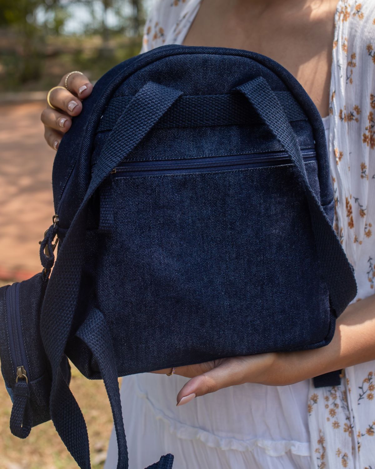 Repurposed Handcraft Denim Patched Mini Travel Backpack with pouch - Dwij