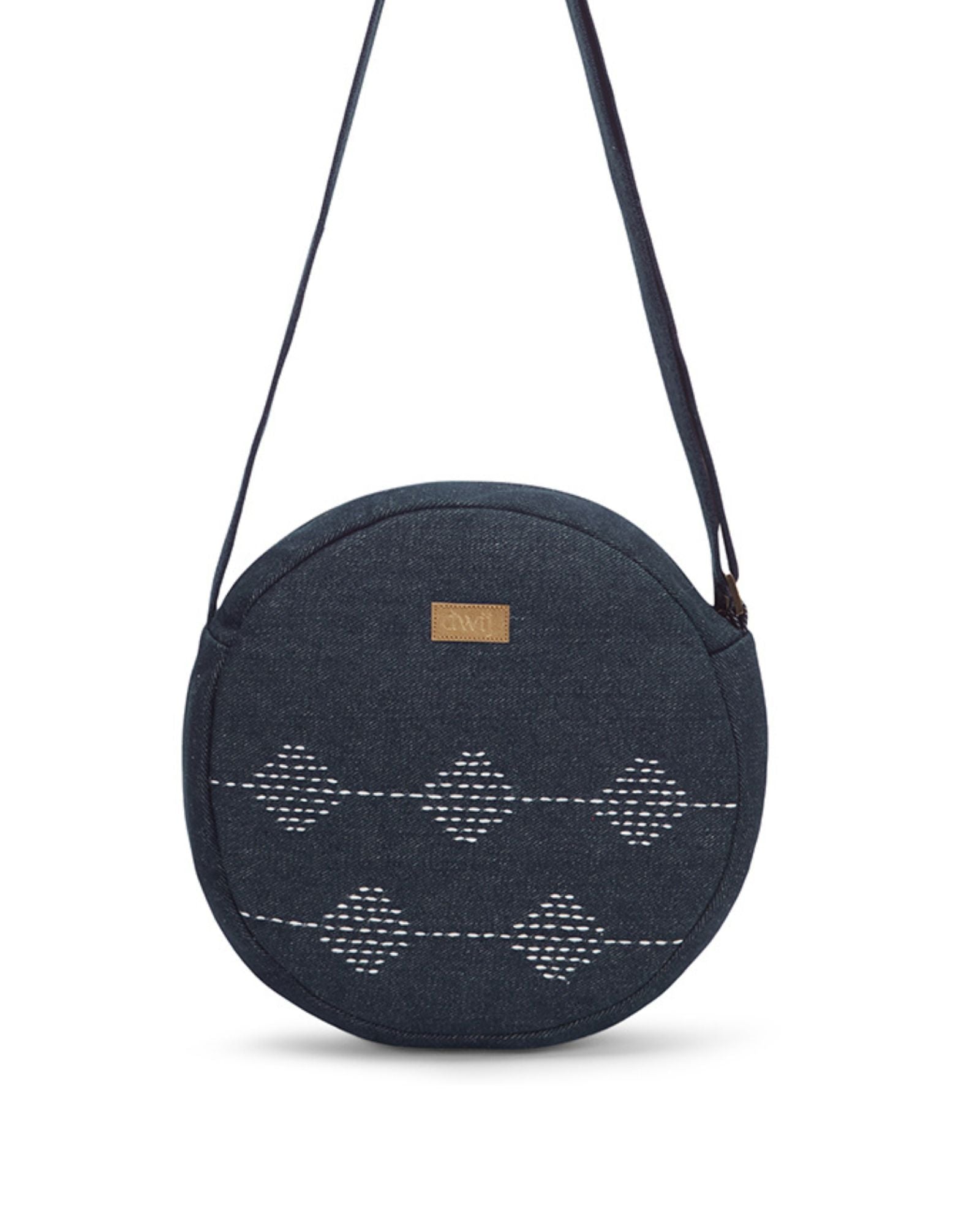 Repurposed Kantha Hand Embroidered Denim Circular sling - Dwij - 