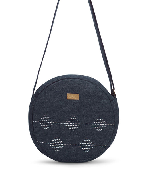 Repurposed Kantha Hand Embroidered Denim Circular sling - Dwij - 