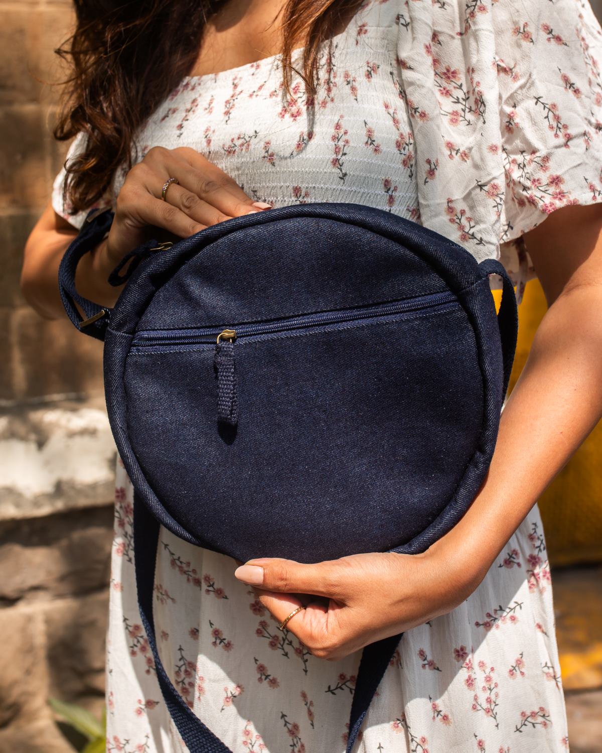 Repurposed Kantha Hand Embroidered Denim Circular sling - Dwij