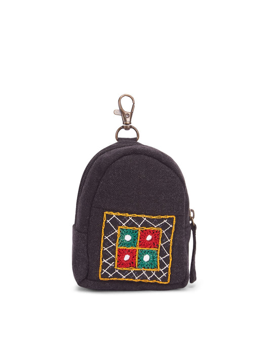 Upcycled Black Ahir Hand Embroidered Pouch - Dwij - 