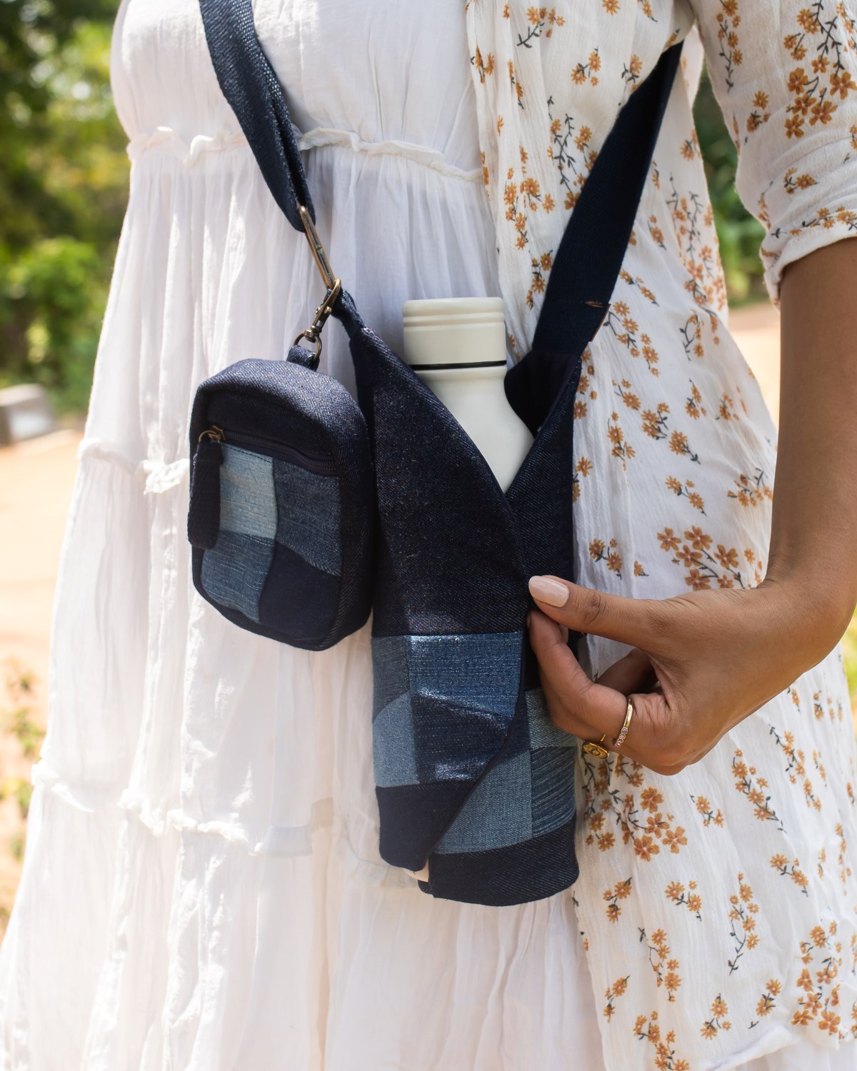 Upcycled Eco friendly Patched Bottle Holder With Coin Pouch