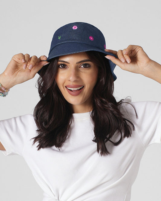Upcycled Denim Hand Daisy Embroidered Bucket Woman Hat - Dwij -